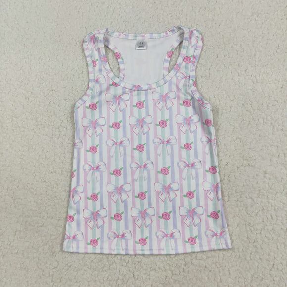 Floral Bow Pattern Stripe Athletic Girls Sleeveless Top