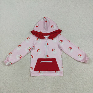 Santa Pocket Red Ruffles Pink Hoodie Girls Christmas Top
