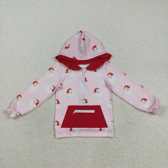 Santa Pocket Red Ruffles Pink Hoodie Girls Christmas Top