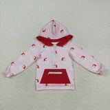 Santa Pocket Red Ruffles Pink Hoodie Girls Christmas Top