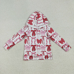 Pink Red Bow Pattern White Hoodie Girls Christmas Top
