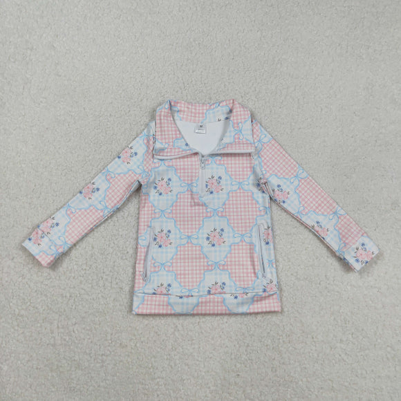 Bow Pattern Floral Pink Plaid Athletic Yoga Girls Long Sleeve Top