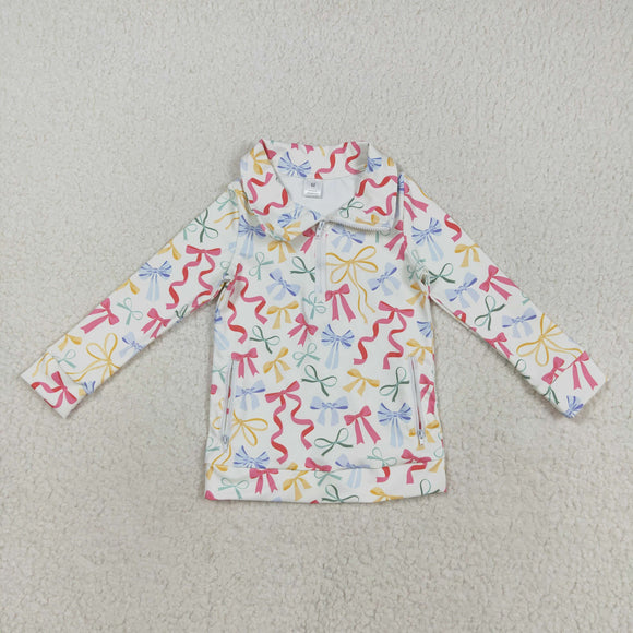Bow Pattern White Athletic Yoga Girls Long Sleeve Top