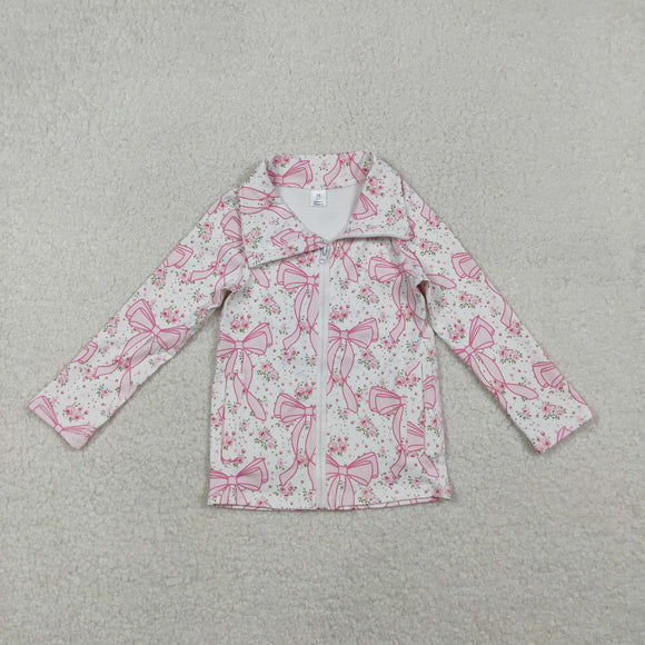 Pink Floral Bow Pattern White Athletic Yoga Girls Long Sleeve Top