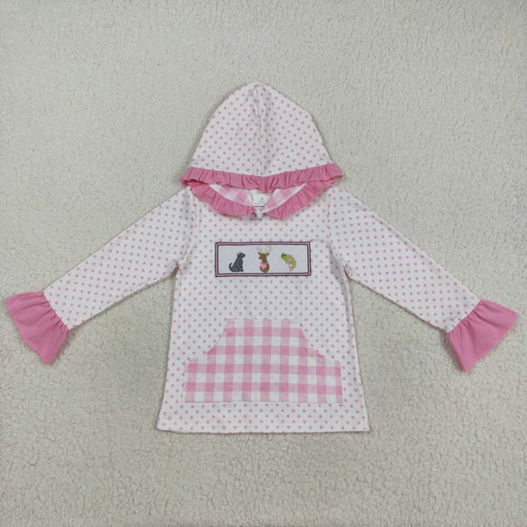 Dog Deer Fish Pink Plaid Pocket Girls Hoodie Top