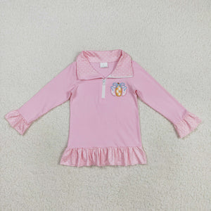Bow Pumpkin Embroidery Pink Girls Long Sleeve Top