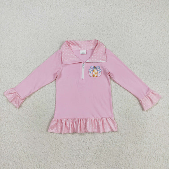 Bow Pumpkin Embroidery Pink Girls Long Sleeve Top