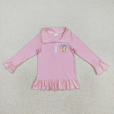 Bow Pumpkin Embroidery Pink Girls Long Sleeve Top