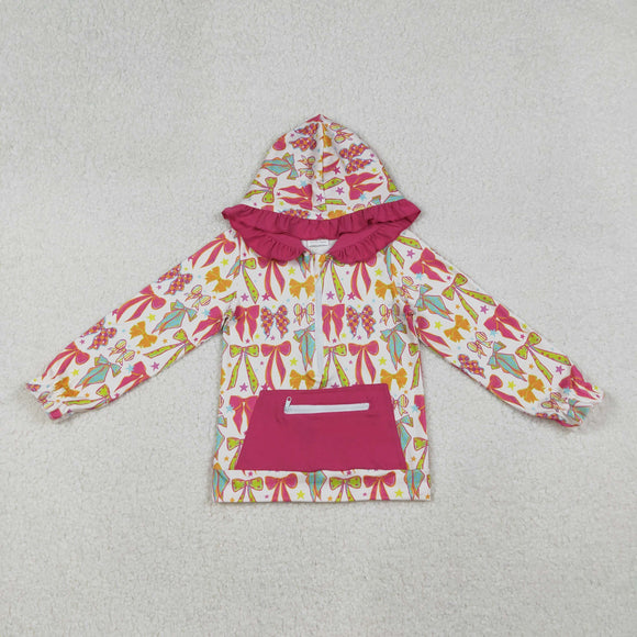 Stars Bow Pattern Zipper Hot Pink Pocket Girls Hoodie Top