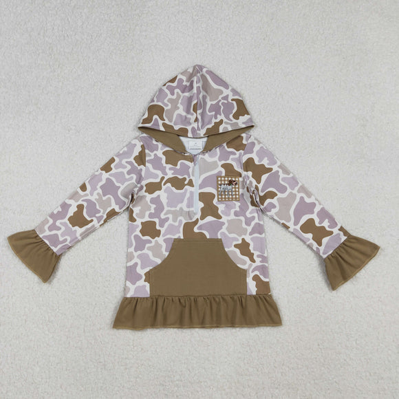 Dog Brown Pocket Ruffles Camo Girls Hoodie Top