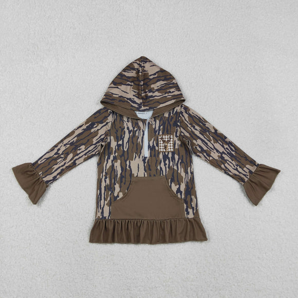 Deer Army Green Pocket Camo Girls Hoodie Top