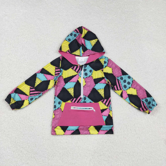 Patchwork Hot Pink Pocket Hoodie Girls Halloween Top