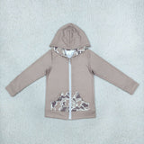 Deer Brown Camo Pocket Zipper Girls Hoodie Top