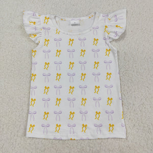 Yellow Purple Bow Pattern Girls Short Sleeve Top