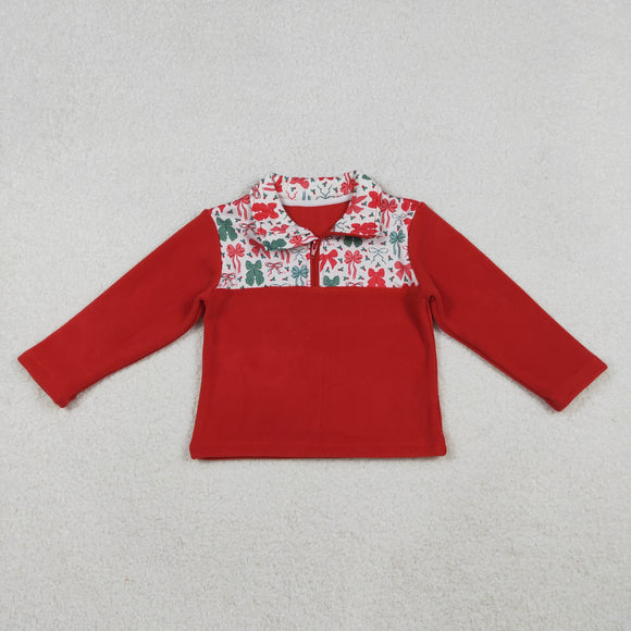 Bow Pattern Red Pullover Plush Coat Girls Christmas Top