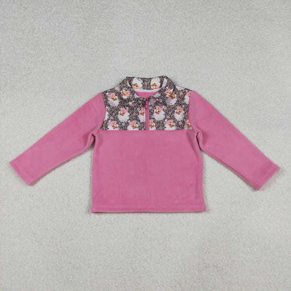 Santa Leopard Print Hot Pink Pullover Plush Coat Girls Christmas Top