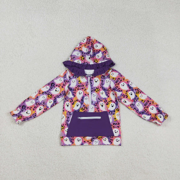 Ghost Leopard Print Purple Pocket Hoodie Girls Halloween Top