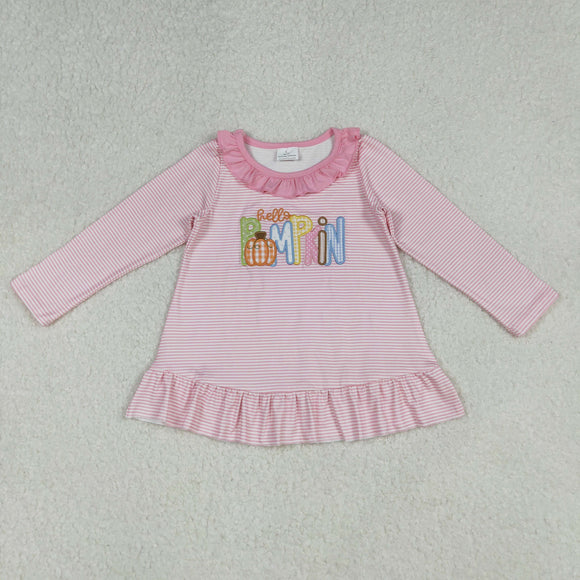 Hello Pumpkin Pink Ruffles Stripe Girls Long Sleeve Top