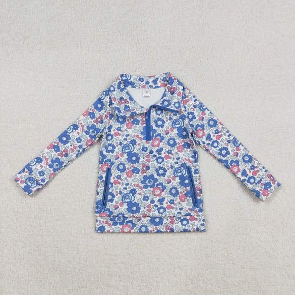 Blue Pink Floral Athletic Yoga Girls Long Sleeve Top