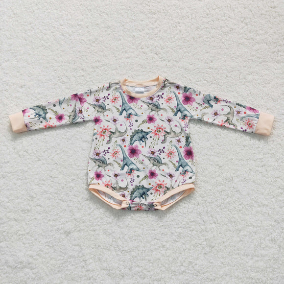 Dinosaur Floral Beige Girls Fall Romper