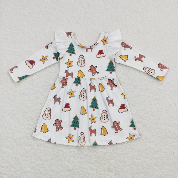 Gingerbread Reindeer Bell White Girls Christmas Dress