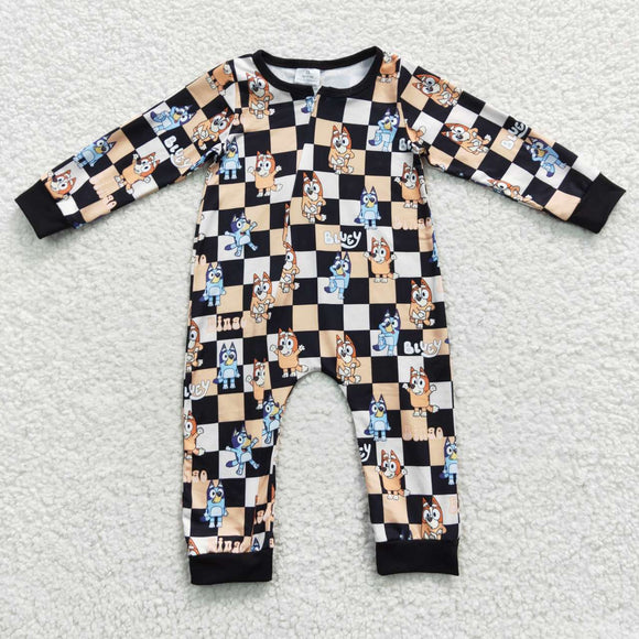 Cartoon Dogs Black Orange Plaid Boys Fall Romper