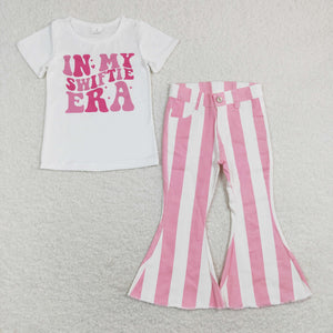 In My Era Singer Pink Stripe Denim Girls Short Sleeve+Trousers Sets