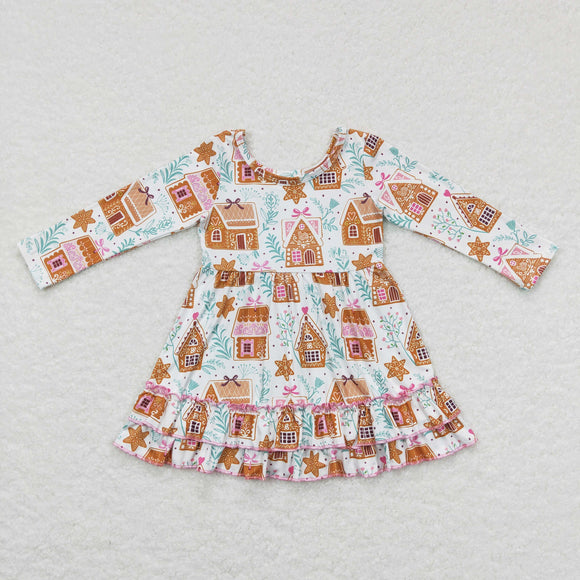 Gingerbread House Ruffles White Girls Christmas Dress