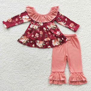 Floral Red Ruffles Girls Long Sleeve+Trousers Sets