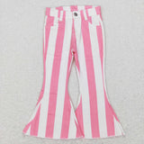 Pink White Stripe Flared Girls Jeans Pants