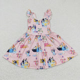 Cartoon Dogs Pink Girls Flutter Sleeve Dress