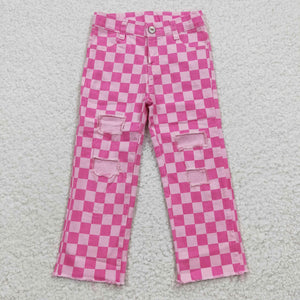 Hot Pink Plaid Ripped Kids Jeans Pants