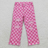 Hot Pink Plaid Ripped Kids Jeans Pants