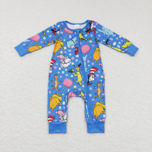 Cartoon Cat Animals Blue Boys Fall Romper