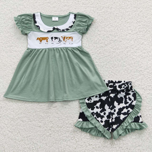 Cows Embroidery Bluish Girls Shorts Sets