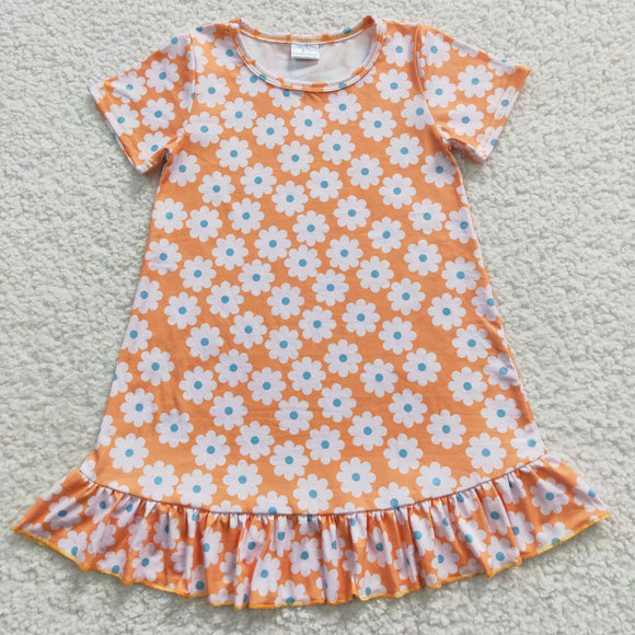 Floral Orange Girls Short Sleeve Dress