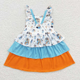 Cartoon Dogs Blue Orange Girls Flutter Sleeve Dress