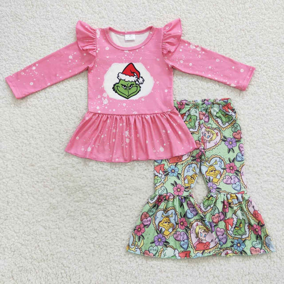 Cartoon Pink Green Girls Christmas Outfits