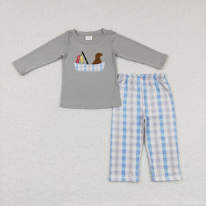 Fishing Dog Plaid Gray Boys Long Sleeve+Trousers Sets