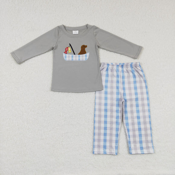 Fishing Dog Plaid Gray Boys Long Sleeve+Trousers Sets