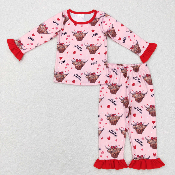 Love Cow Red Ruffles Pink Girls Valentines Pajamas