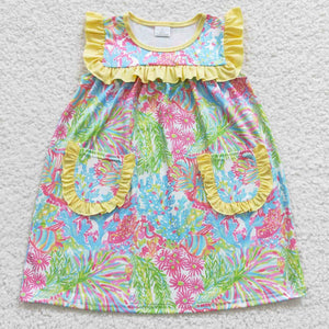 Floral Yellow Ruffles Pockets Girls Sleeveless Dress