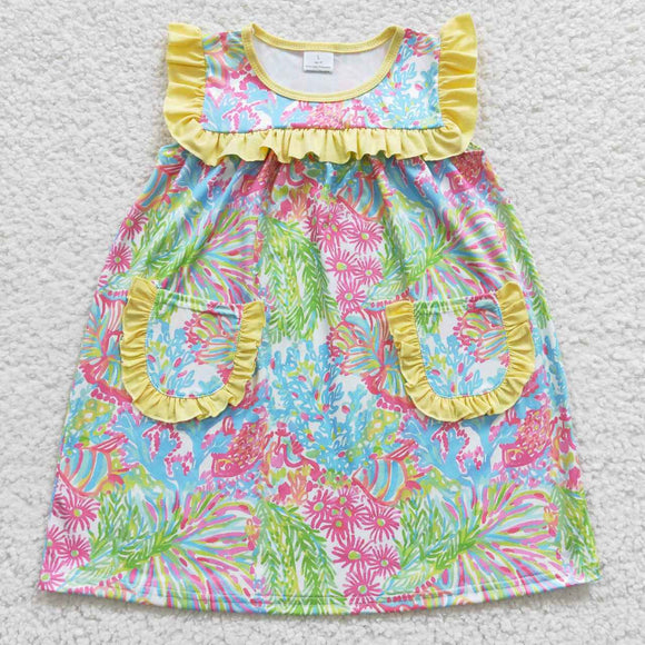 Floral Yellow Ruffles Pockets Girls Sleeveless Dress