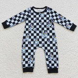 Cartoon Dogs Lightning Black Blue Plaid Boys Fall Romper