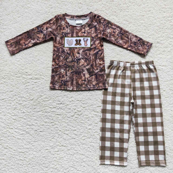 Turkey Boots Deer Plaid Jungle Hunting Boys Long Sleeve+Trousers Sets