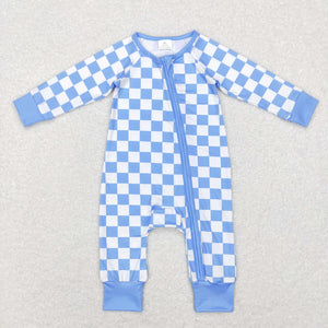 Blue White Plaid Boys Fall Romper