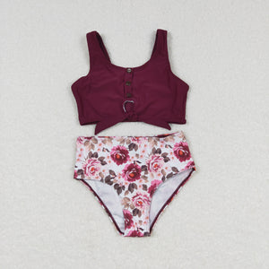 Floral Wine Red Bows Girls Swimsuits