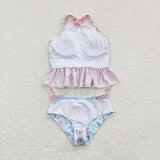 Floral Lace Ruffles Bows Sky Blue Girls Swimsuits