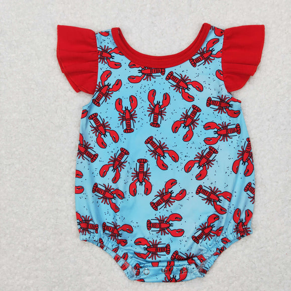 Crawfish Red Ruffles Blue Girls Summer Romper