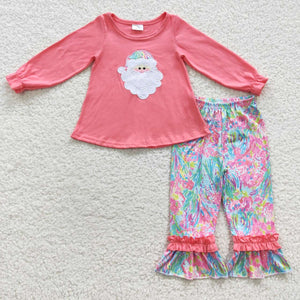 Santa Floral Pink Girls Christmas Outfits